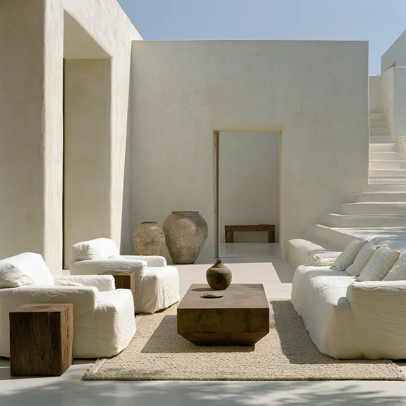 Minimalist outdoor seating area with neutral tones and rustic pottery