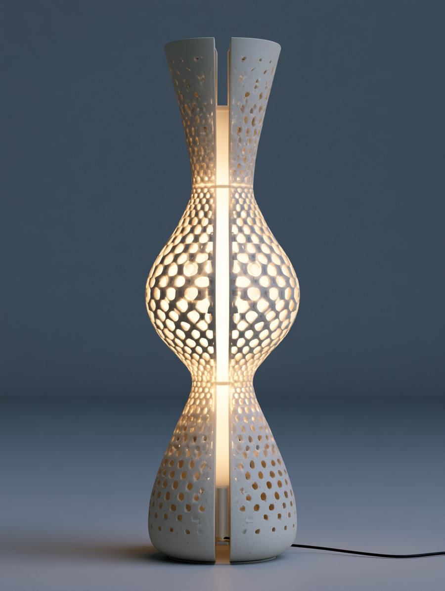 A modern white ceramic sculpture with perforations evenly spaced, featuring a glowing vertical light source inside, standing on a reflective surface with a key background gradient from dark to light blue.