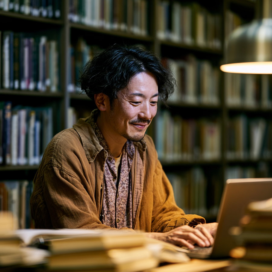 A man with dark curly hair and a mustache smiling while typing on a laptop with bookshelves full of books in the background