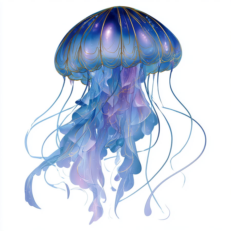 A digital artwork of a jellyfish with a glowing blue dome and flowing translucent tentacles in shades of blue and purple, with intricate golden lines