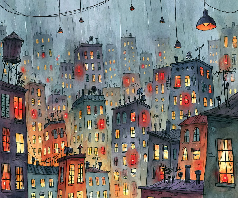 Watercolor and ink painting of a dense urban skyline with multiple buildings lit by warm interior lights and hanging street lamps in a rainy atmosphere