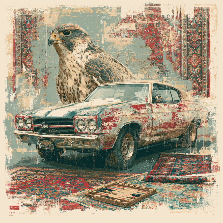 Artistic collage with a vintage muscle car, a large falcon or hawk, and several oriental rugs arranged in a textured, distressed style