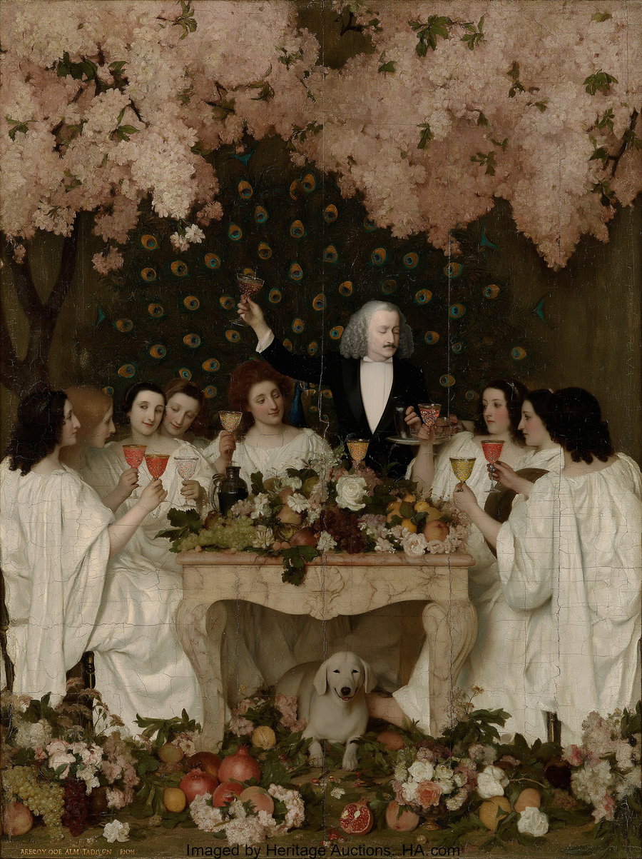 A group of eight women dressed in white gowns and one man in black suit are seated around a table with fruits and flowers, with a white dog under the table, set in an outdoor scene with blooming cherry blossoms and a peacock feather fan in the background.