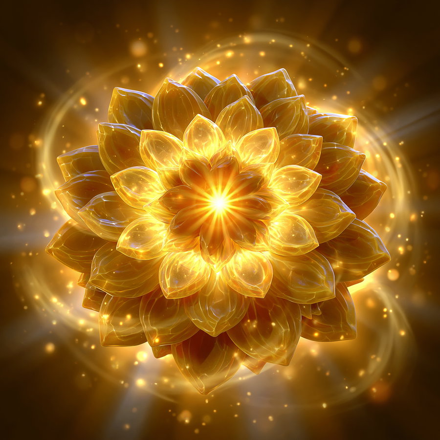 A radiant golden flower with multiple layers of translucent petals glowing with light and sparkles on a dark background