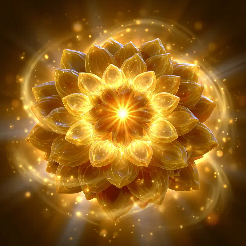 Golden glowing abstract flower with luminous layered petals