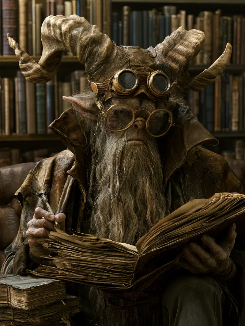 Fantasy wizard with large curved horns and goggles reading an ancient book in a library