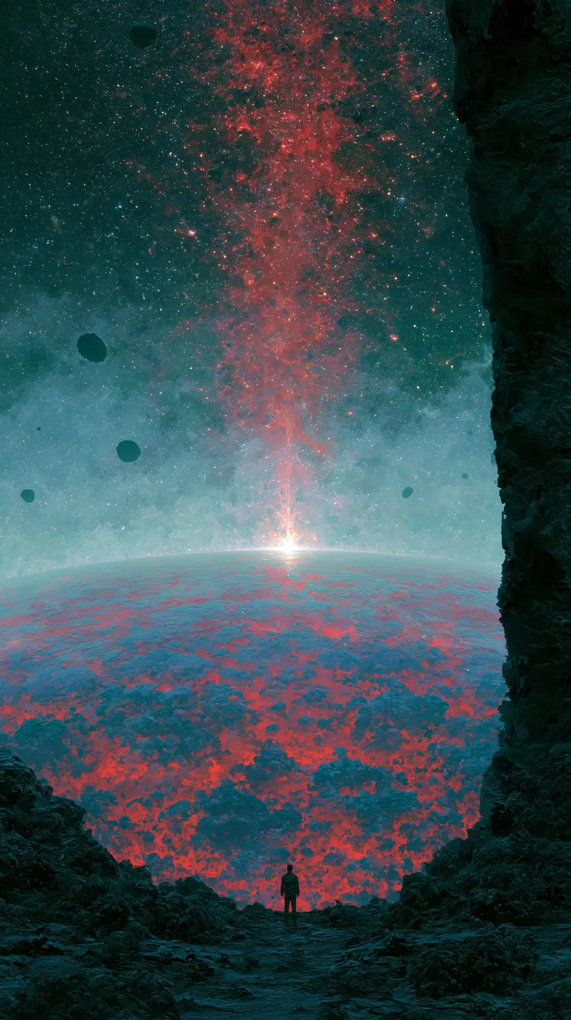 A lone figure observing a vibrant alien planet with cosmic phenomena
