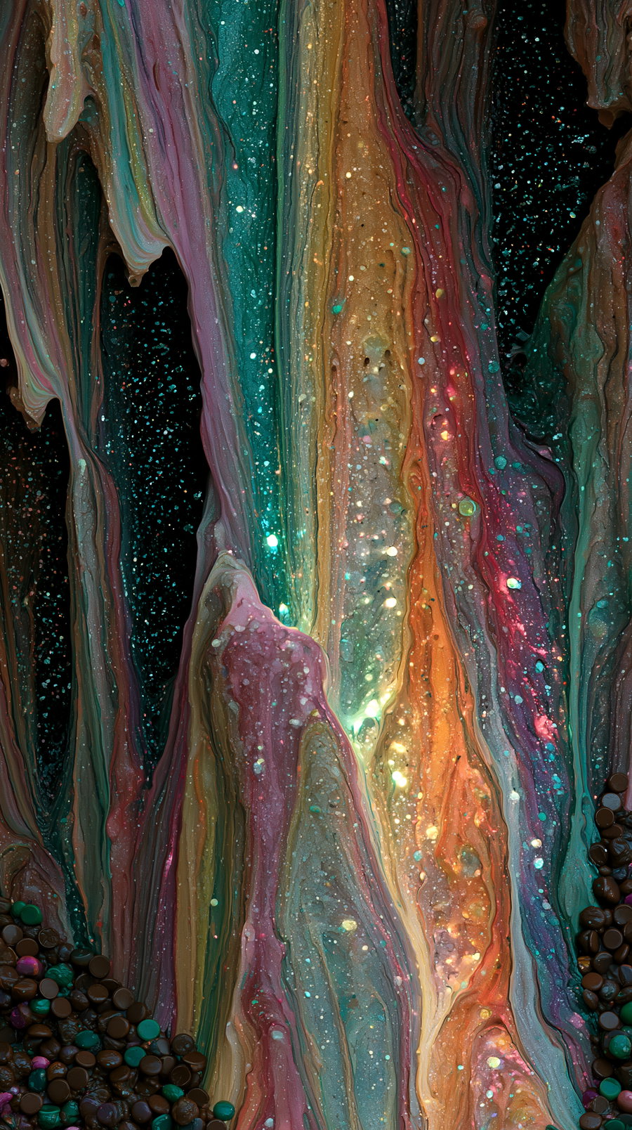 Vertical layers of flowing colorful paint with speckled dots creating an abstract texture and design