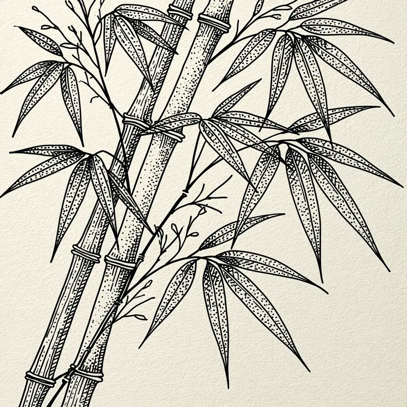 Intricate ink drawing of detailed bamboo stalks and leaves on textured paper