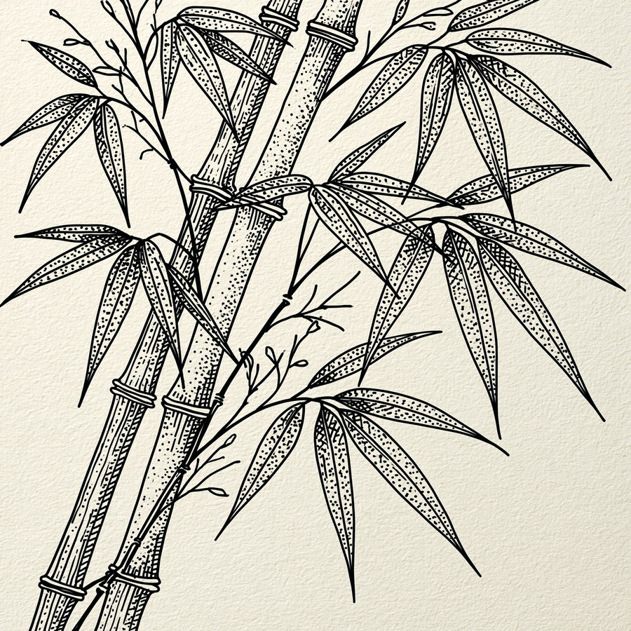Black ink illustration of bamboo stalks and long slender leaves with dot shading on a beige textured background