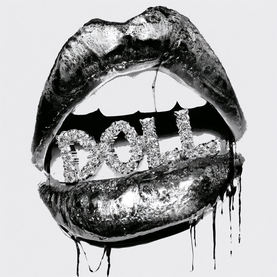 Close-up of shiny metallic lips with dripping texture holding the word 'DOLL' formed by diamond-like crystals