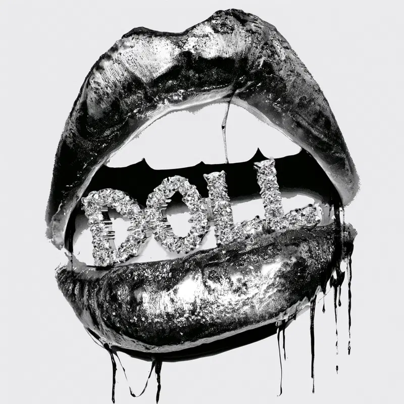 Black and white digital art of metallic lips holding the word DOLL