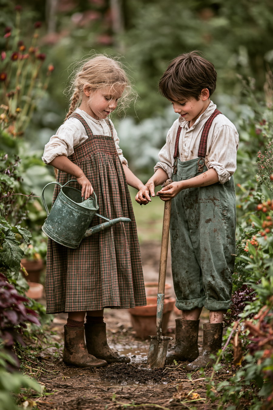 A young girl holding a watering can and a boy holding a gardening tool, both wearing vintage-style clothing and muddy boots, standing on a dirt path surrounded by green plants and flowers