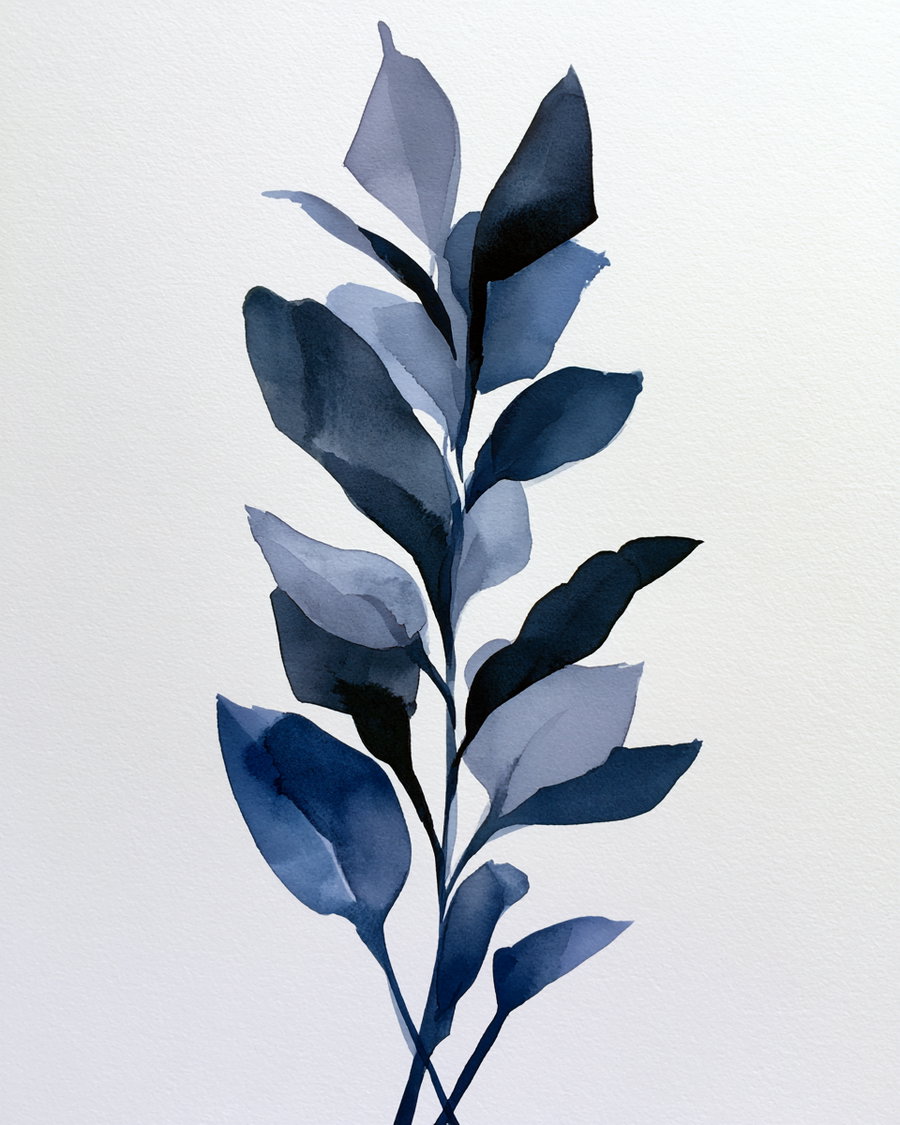 Watercolor painting depicting a single stem with multiple blue leaves of varying shades against a plain white background