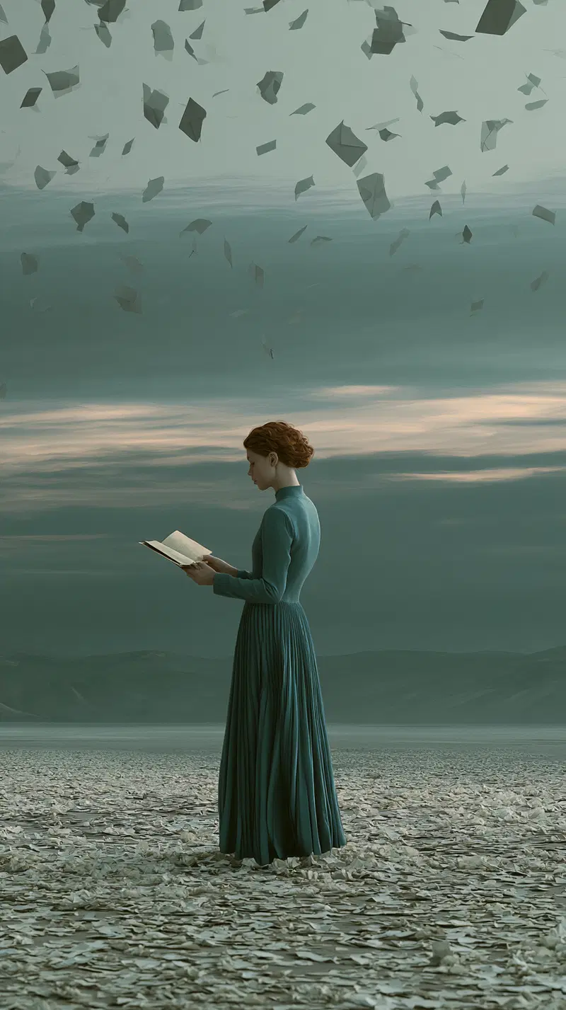 Surreal scene of a woman in a teal dress reading a book amid floating papers