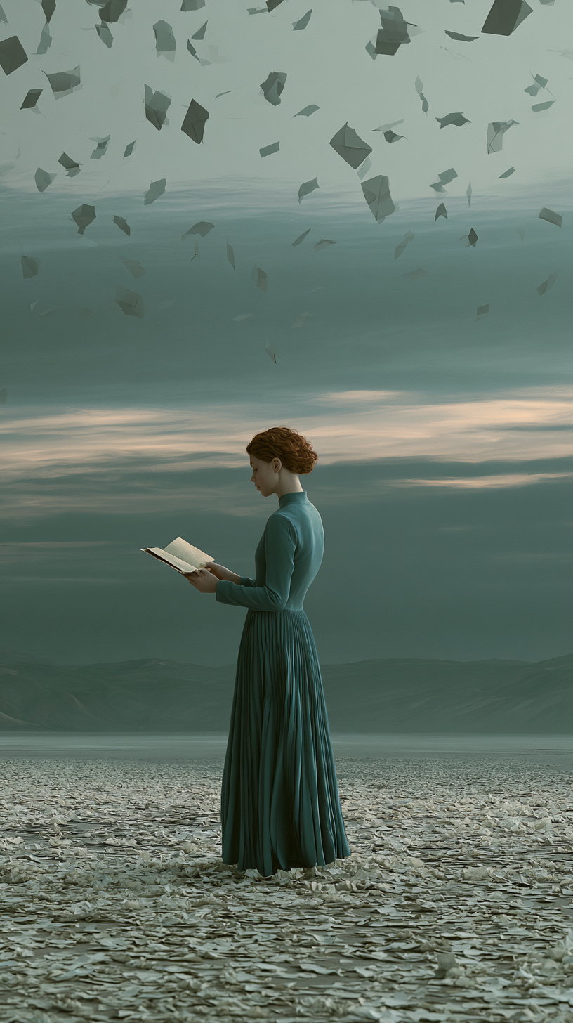 A woman in a long teal dress stands on a ground covered with scattered papers, reading a book, with many pages floating in the air against a cloudy sky.