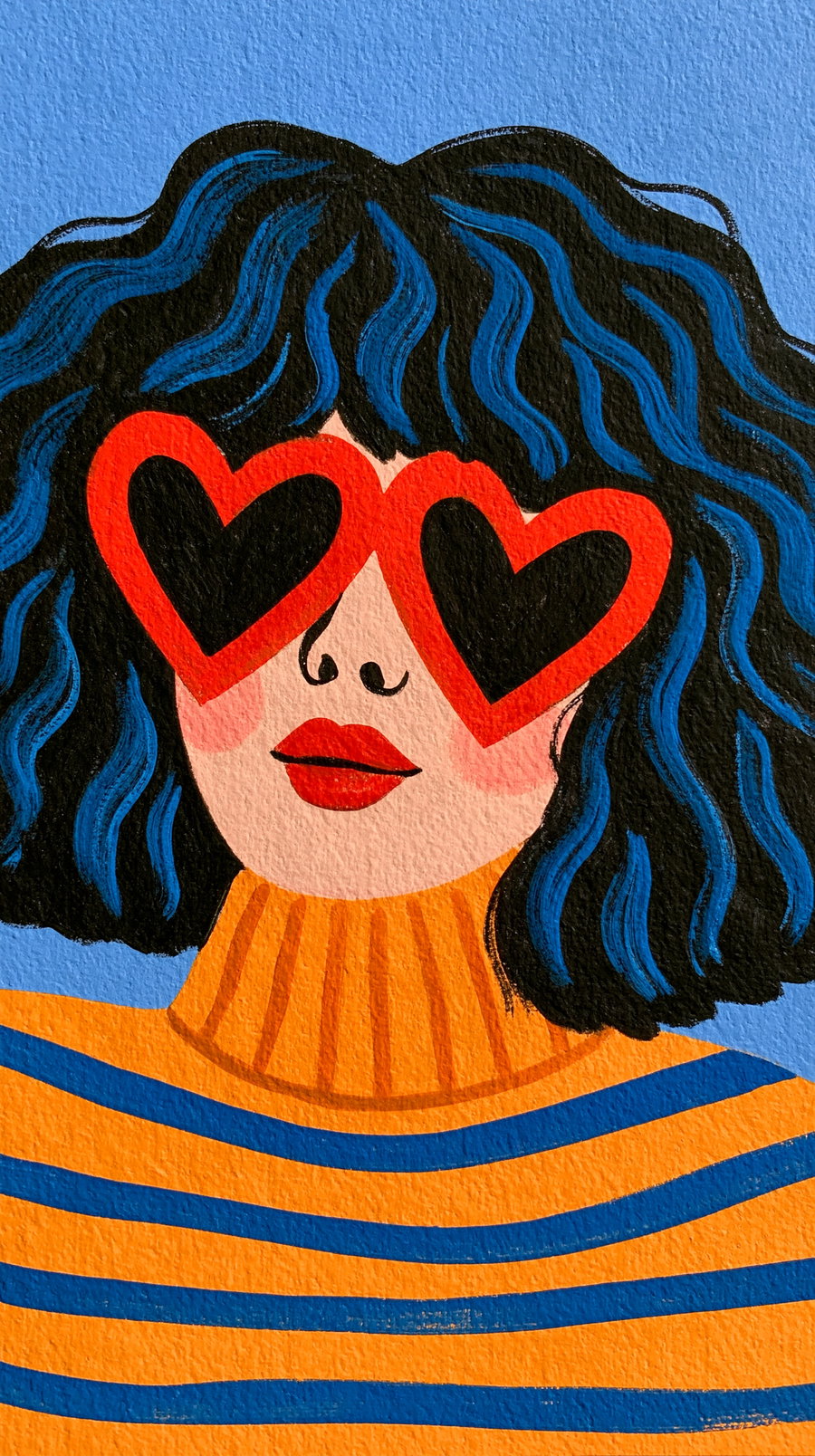 Illustration of a woman with black hair highlighted in blue, wearing red heart-shaped glasses, red lipstick, and an orange and blue striped turtleneck sweater on a blue background
