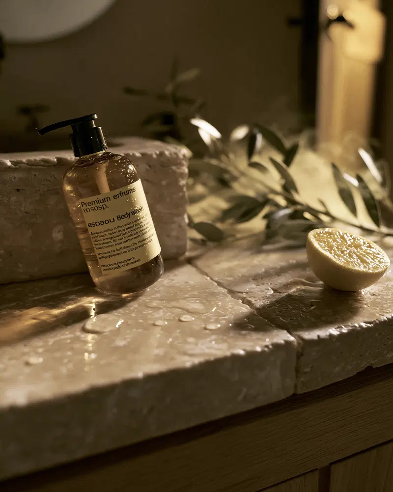 Still life photography of body wash bottle with lemon on stone surface