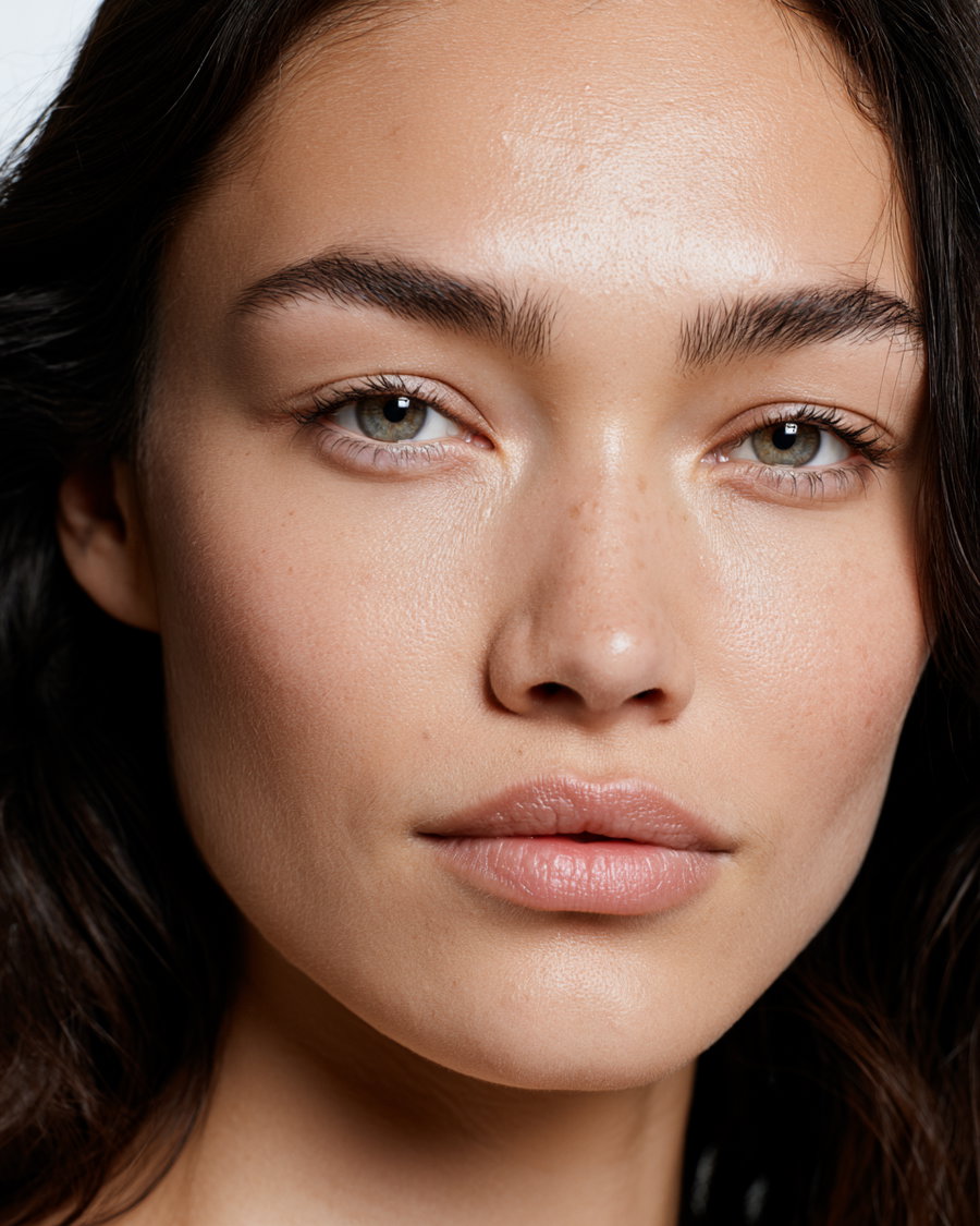 A close-up image of a woman's face showing her brown eyes, smooth skin, natural eyebrows, and slightly parted lips with minimal makeup