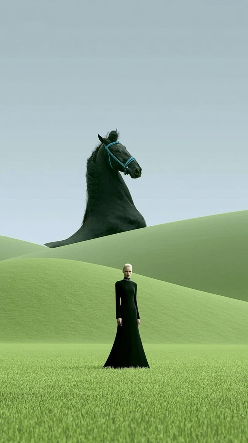 A surreal scene with a woman wearing a long black dress standing in a green grassy field, with rolling green hills behind her and a large black horse head appearing oversized in the background under a pale sky.
