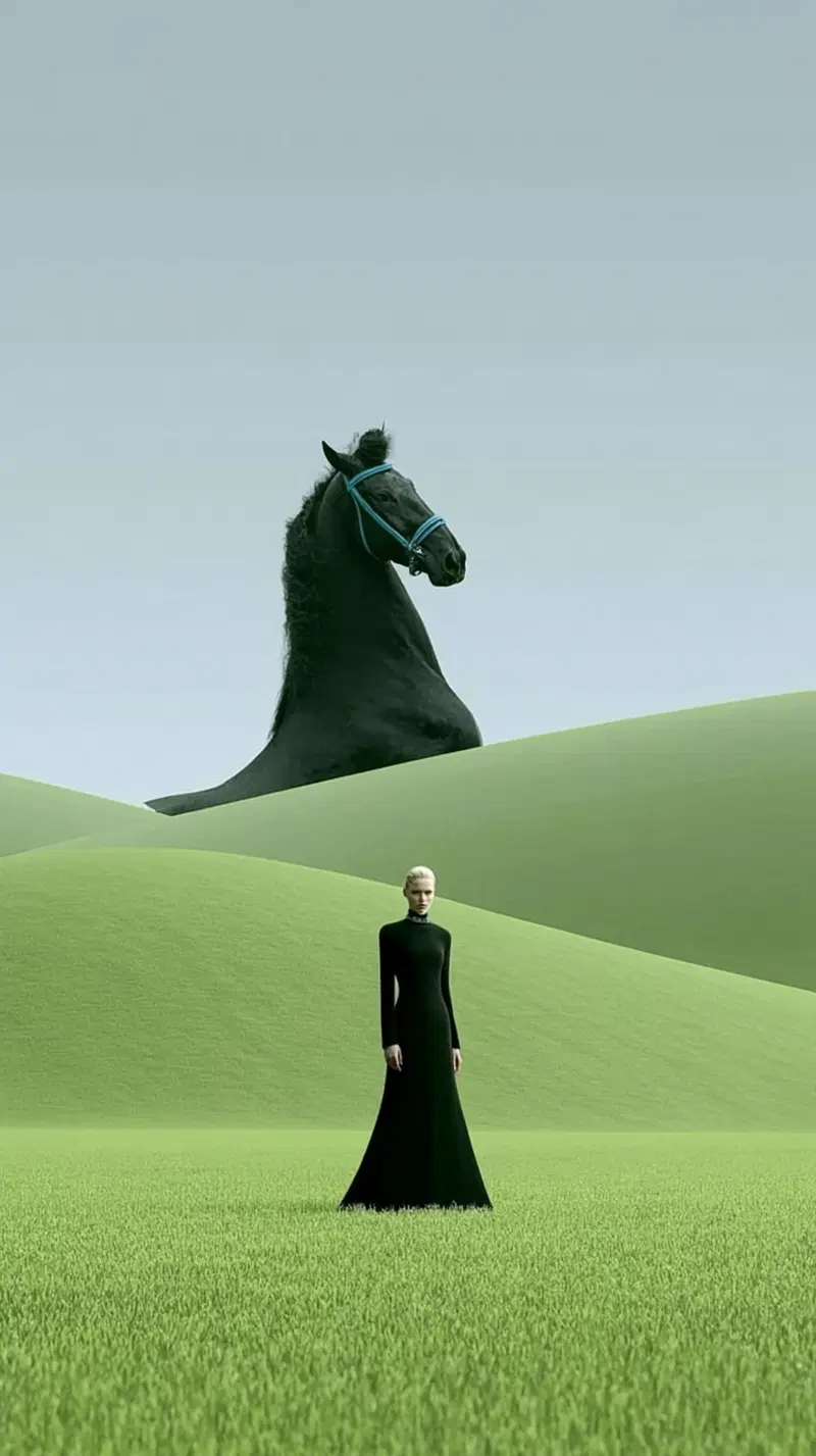 Surreal art featuring a woman in a black dress with a giant horse head in the background