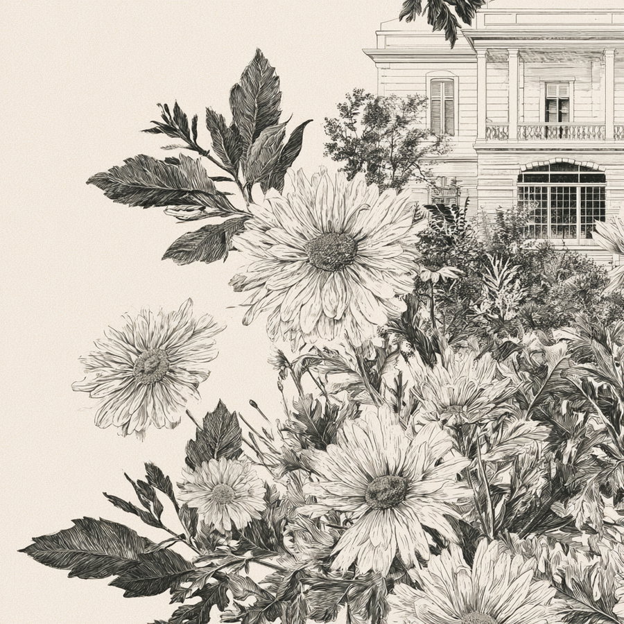 Black and white ink sketch showing large flowers and leaves in the foreground with a detailed drawing of a two-story house with windows and balcony in the background