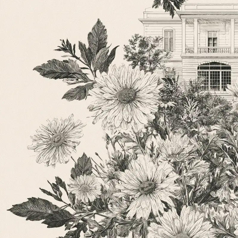 Detailed ink drawing of a floral arrangement with a classic house background