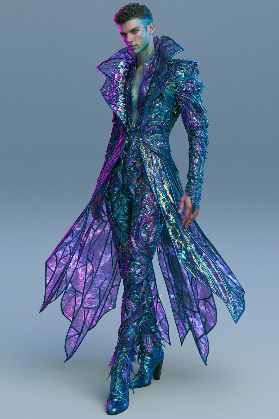 Male model wearing a shiny, iridescent fantasy costume with intricate patterns and translucent wing-like panels extending from the coat