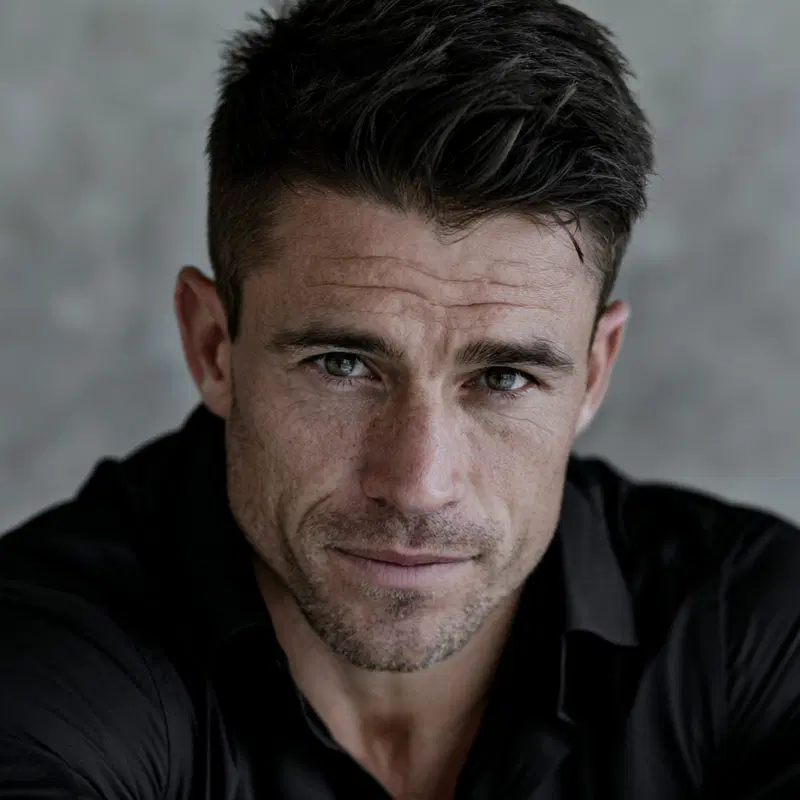 Close-up portrait of a man with short dark hair and stubble wearing a black shirt
