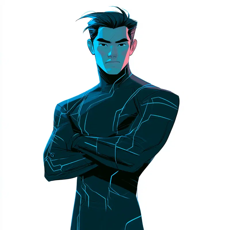 Digital character design of a futuristic male figure with glowing blue suit accents