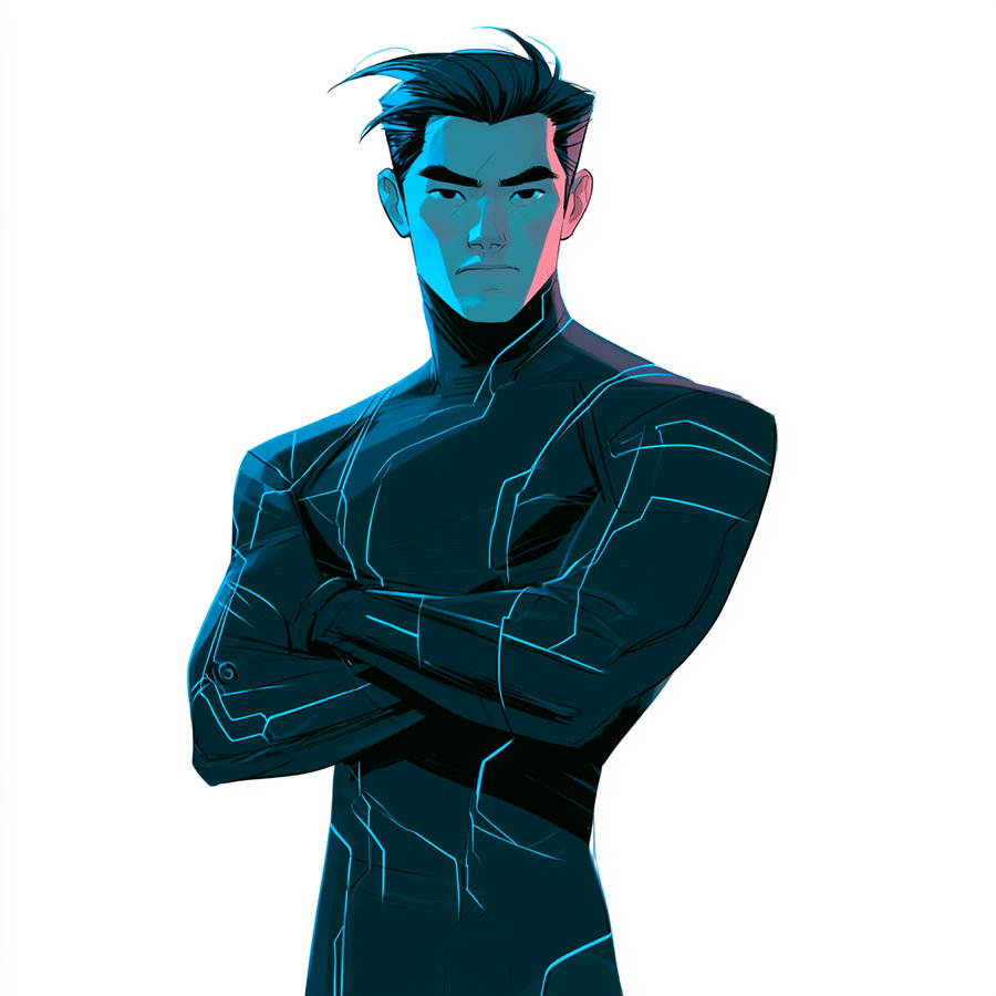Illustration of a serious young man with short black hair wearing a high-tech black suit with glowing blue circuit-like lines on a white background