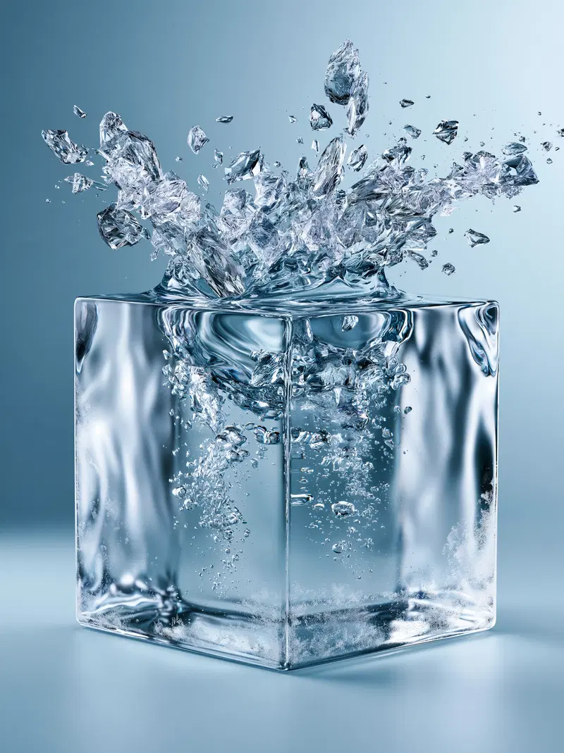 High-resolution digital art of a glass water cube splashing with liquid fragments