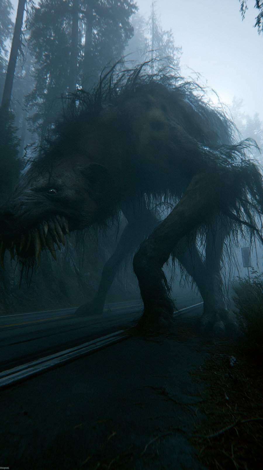 A large, dark, monstrous creature with twisted limbs and sharp teeth is standing on a foggy forest road surrounded by tall trees