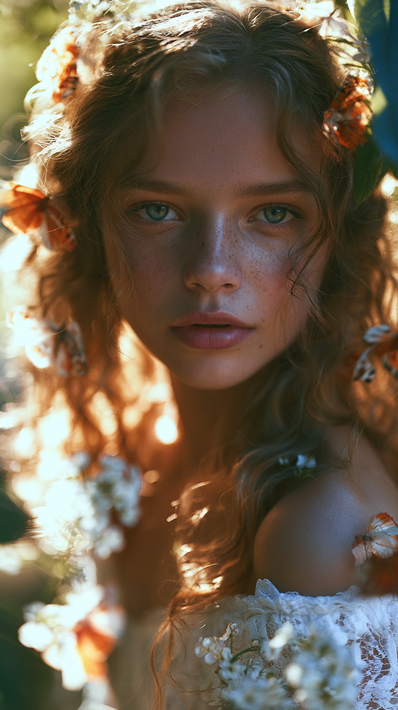 A close-up portrait of a young woman with curly hair adorned with orange flowers, wearing a white lace top, surrounded by white flowers in warm natural light
