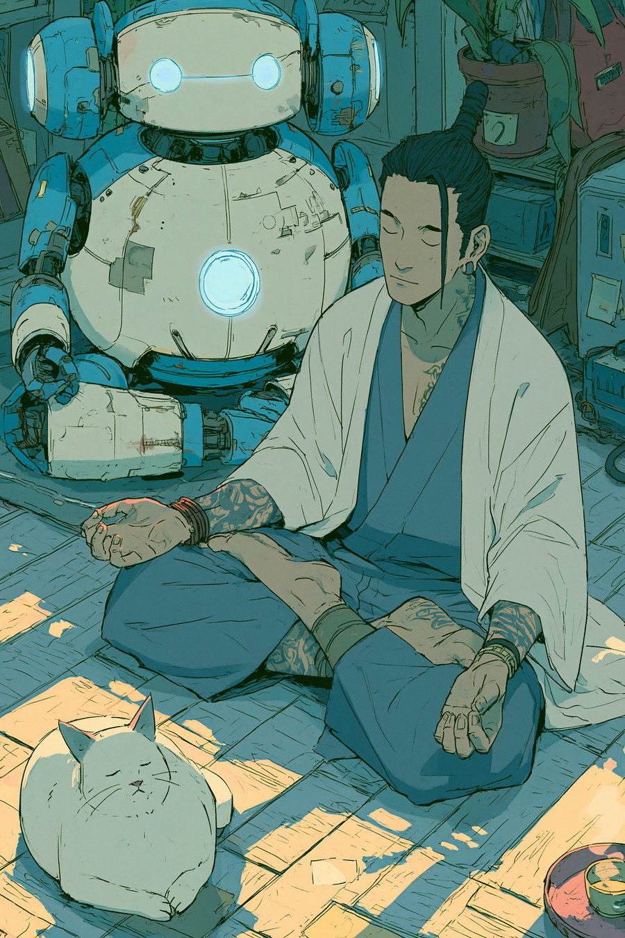 An illustrated scene of a man with tattoos meditating cross-legged on a tiled floor next to a large blue and white robot and a seated white cat in a room filled with various objects.