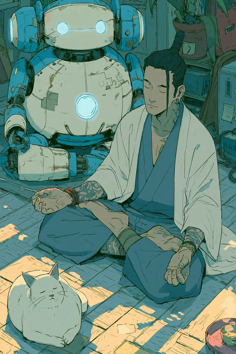 A meditating man with tattoos sitting cross-legged with a robot and cat