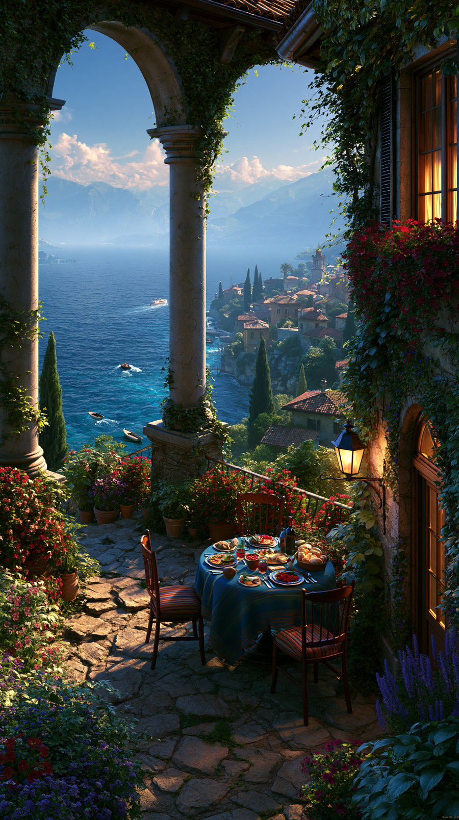 A stone terrace with a blue tablecloth-covered round table set for a meal, surrounded by chairs, vibrant flowers, and an arched stone balcony overlooking an expansive blue sea with boats, coastal buildings, and misty mountains in the background.