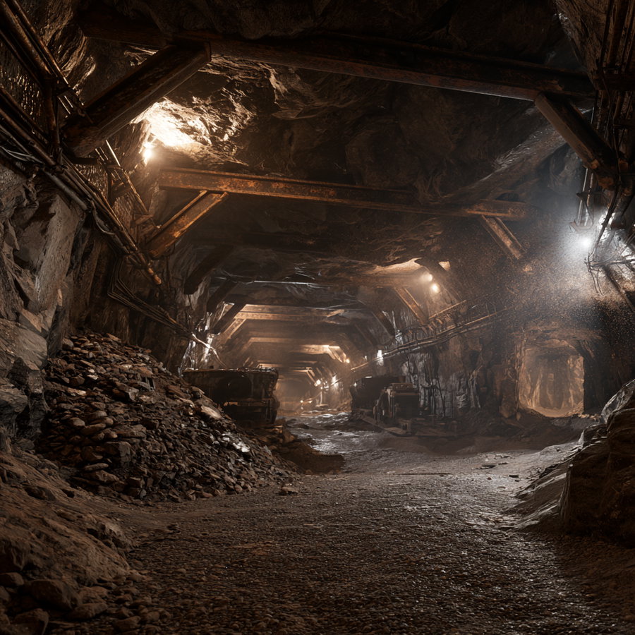 A dimly lit underground mining tunnel with rocky walls, scattered rocks, wooden and metal support beams, and mining machinery along the sides