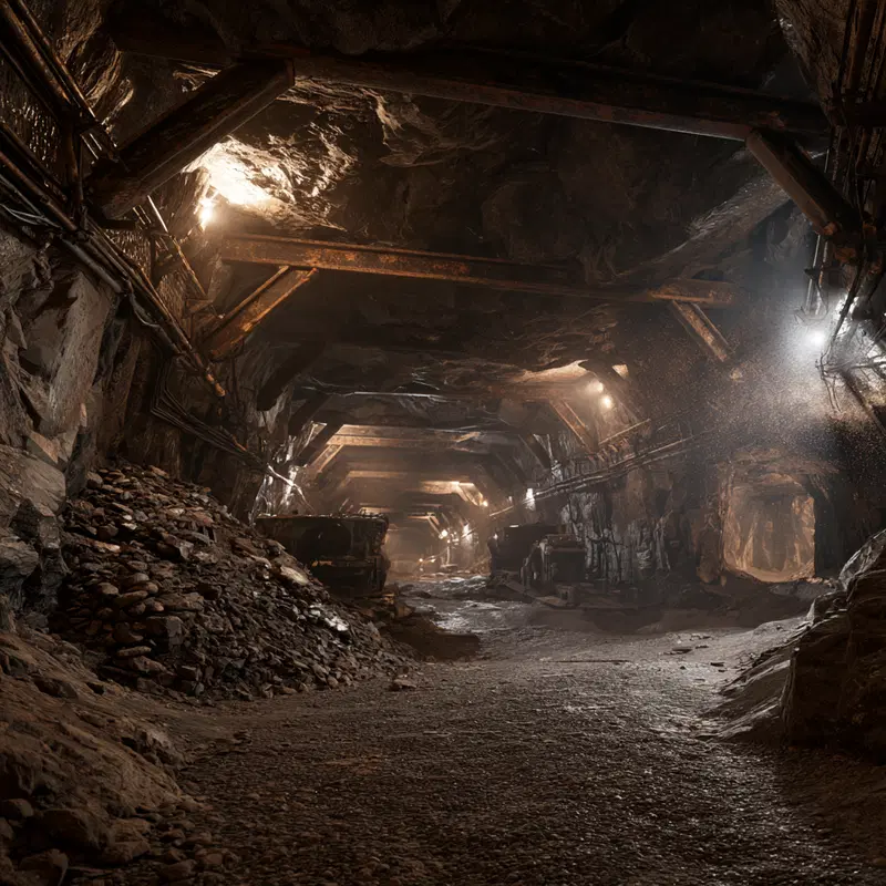 Dark and detailed concept art of a dimly lit underground mining tunnel