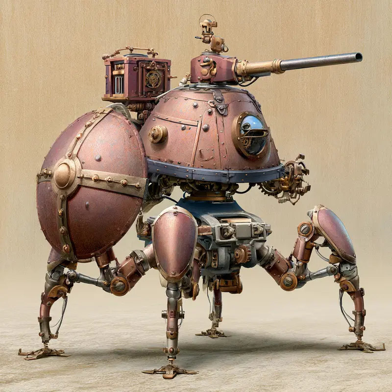 Intricate steampunk robot tank with mechanical legs and shield