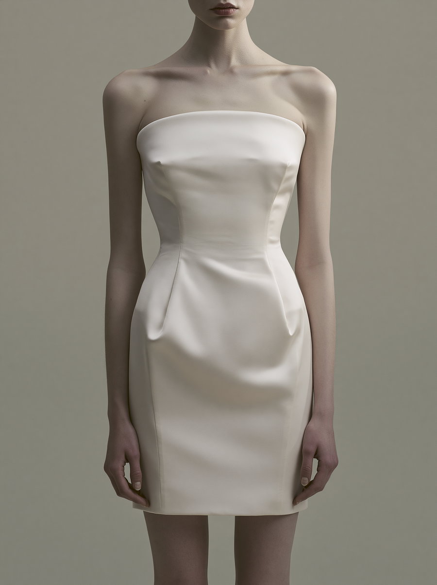 A photograph showing a woman wearing a white strapless satin dress standing against a plain neutral background, capturing from her shoulders to mid-thigh.