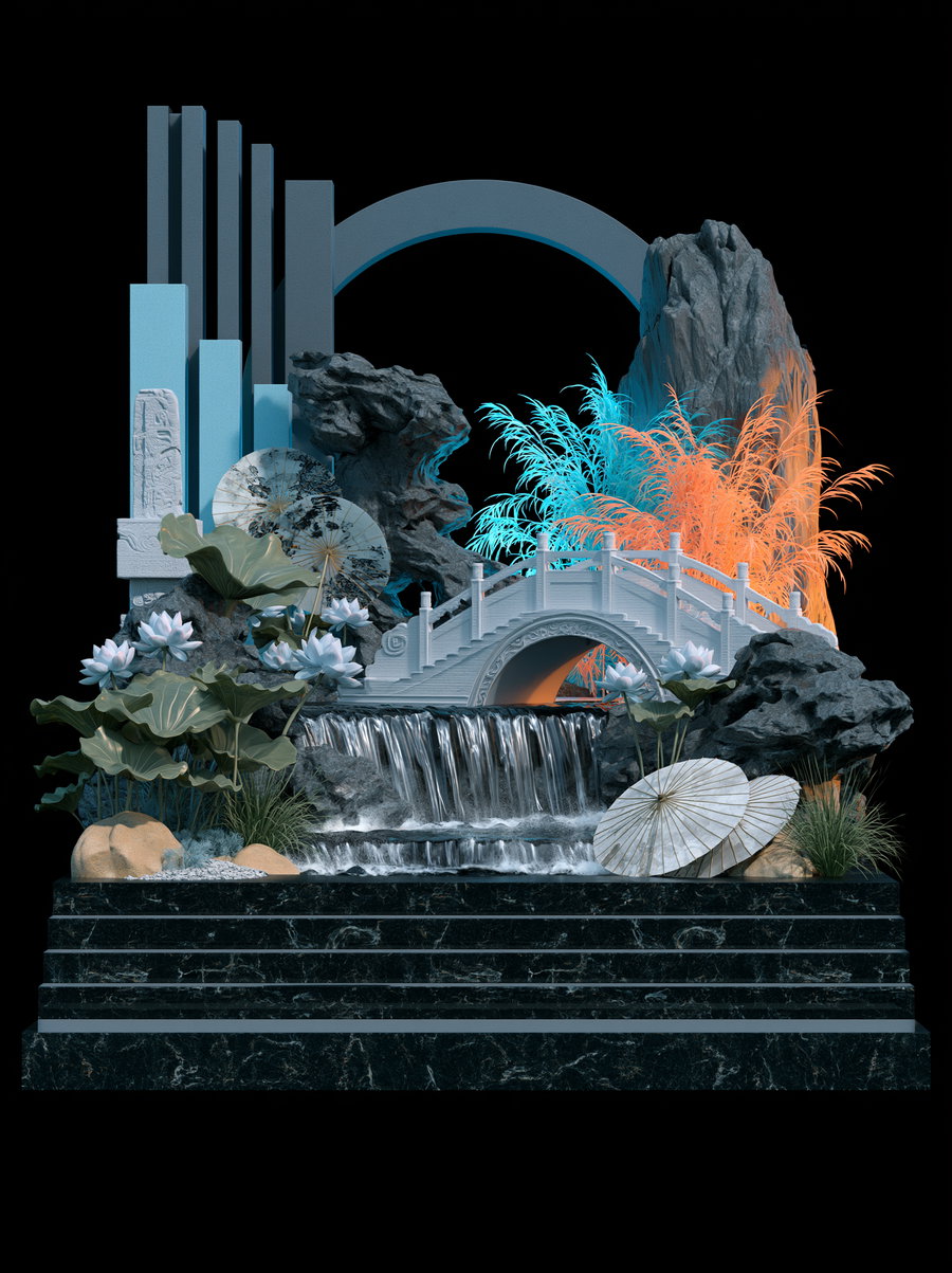 A stylized landscape featuring a stone bridge over a waterfall, surrounded by rocks, lotus flowers, ornamental plants, two paper parasols, and architectural structures in muted blue and orange colors on a black background