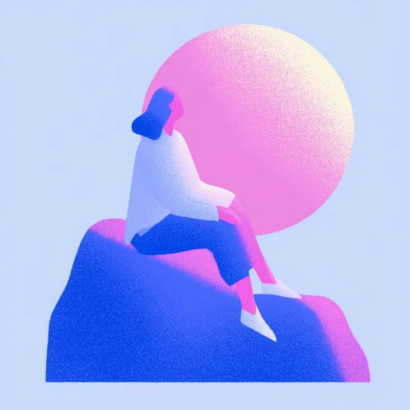 Digital illustration of a woman sitting on a boulder with a large glowing moon
