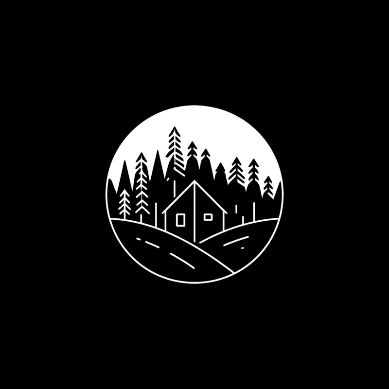 Minimalist black and white cabin in forest landscape illustration