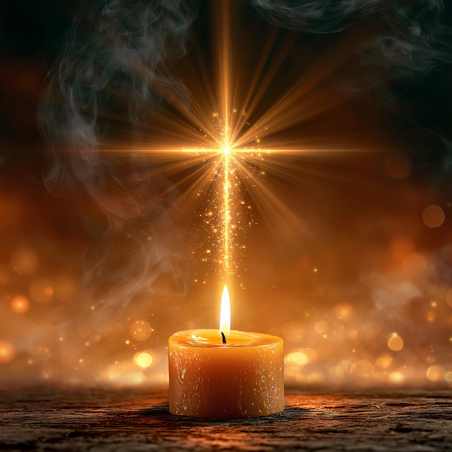 A close-up of a burning candle with a glowing spark forming a bright cross above the flame, surrounded by smoke and warm bokeh lights in the background
