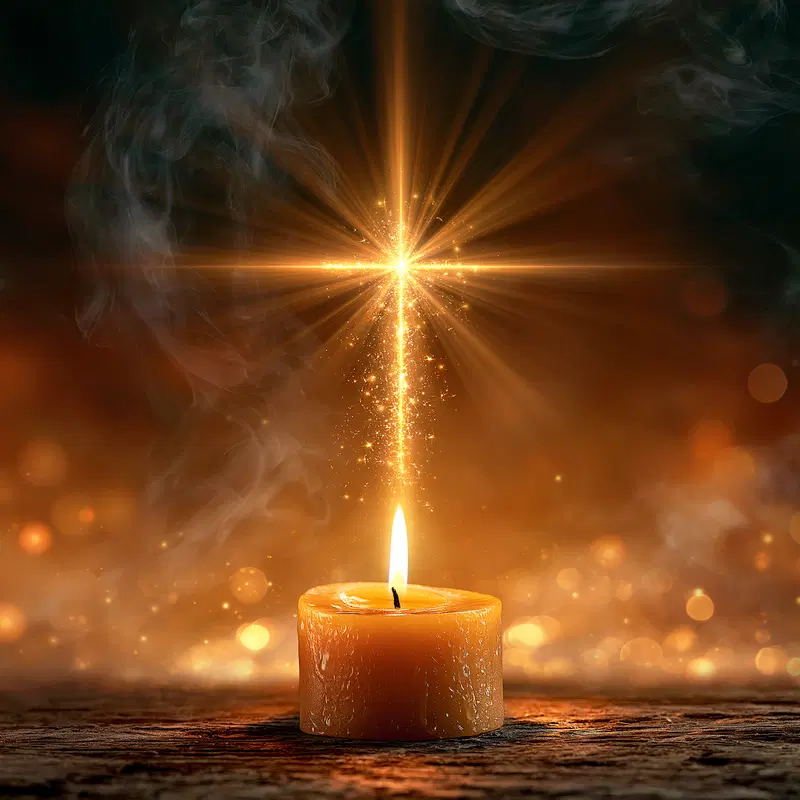 Glowing burning candle with magical sparkling light forming a cross