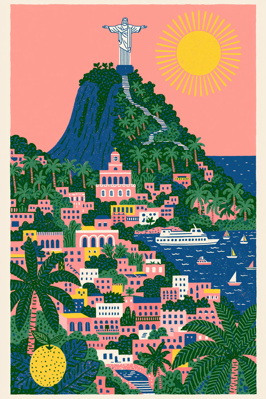 An artistic illustration of a hillside town with colorful buildings, palm trees, a large statue on top of a hill, a bright sun in a pink sky, and boats in a blue sea.
