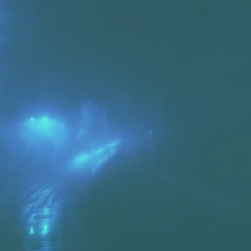 Moody night street scene with fog and glowing blue streetlights