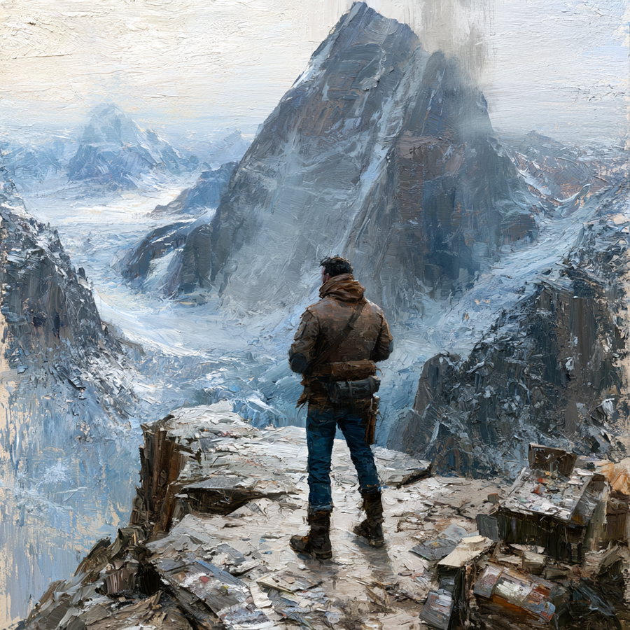 An oil painting of a person in hiking gear standing on a rocky ledge facing a large, snow-covered mountain with smaller mountains and a snowy valley in the background