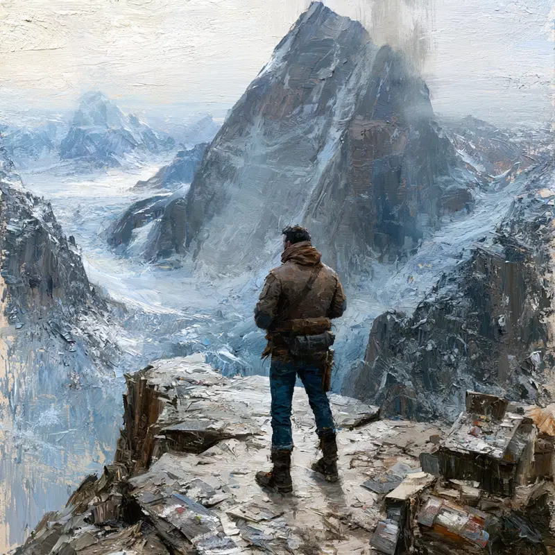 Man standing on a rocky cliff overlooking a vast snowy mountain range